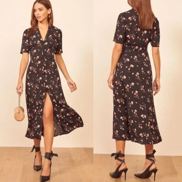 S O L D : Reformation Size 8 Rocki Collared Midi Dress Romy Rose Floral Print - Picture 1 of 14